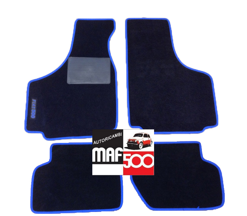 Serie 4 pezzi sovra tappetini in moquette nero bordo blu Fiat 500